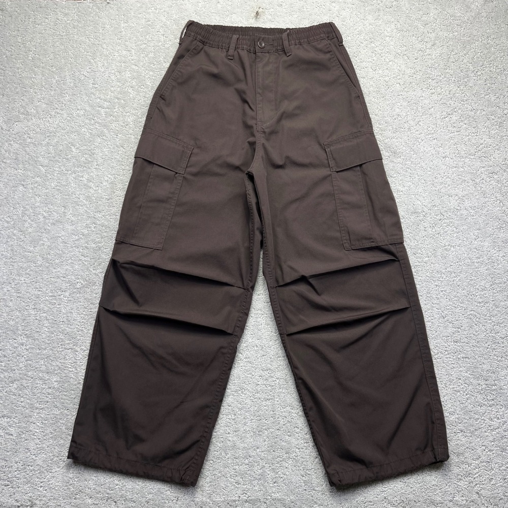 GU Wide Parachute Pants Mens Small Brown Cargo Elastic Waist Baggy Utility Japan